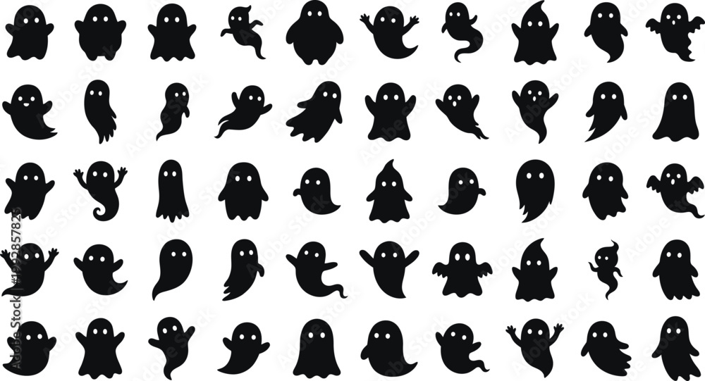 Obraz premium Numerous black ghost silhouettes arranged on a clean white background