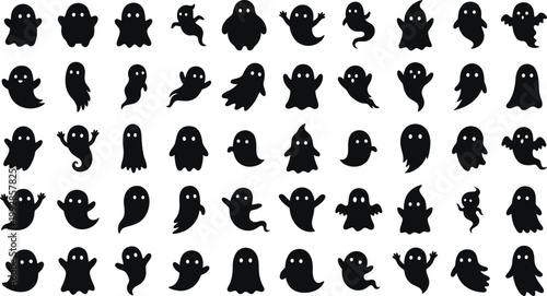 Numerous black ghost silhouettes arranged on a clean white background