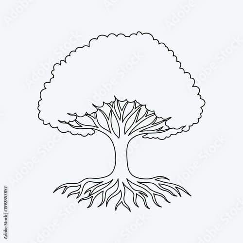 Stylized Tree Silhouette with Visible Roots and Leafy Canopy - Outline Drawing