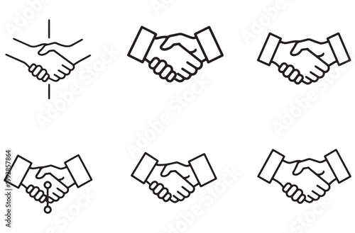 Handshake icons, agreement and partnership symbols, business deal collaboration, greeting and contract, trust and success