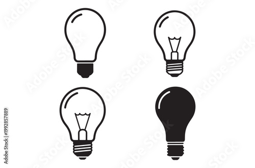 Light bulb icons set old and modern filament glowing and solid black bulb types for idea innovation inspiration and energy isolated on transparent background vector