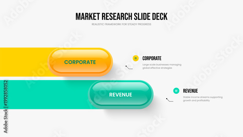 Product Report Slideshow Design Vector Illustration. Corporate Plan 2 Option Diagram Frame Layout. Investor Insight Two Step Infographic Presentation Template.