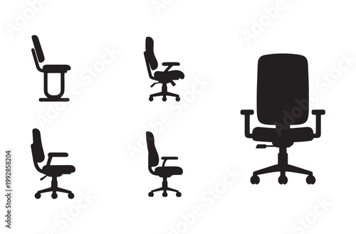 Office chair silhouette icon set vector illustration of various swivel chairs, ergonomic design, and furniture on transparent background
