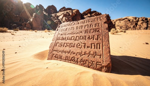 Ancient Phoenician inscription carved into a granite slab, partially buried in desert sand near rocky mountains