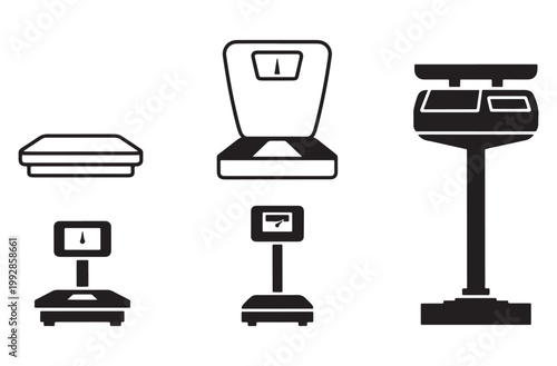 Variety of weighing scales flat icons and silhouette set for measuring weight in grams kilograms pounds vintage and modern style on transparent background