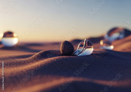 Glass and stone objects rest on a sandy desert like landscape