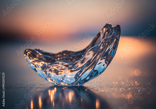 A glistening abstract glass sculpture reflects warm sunset colors beautifully