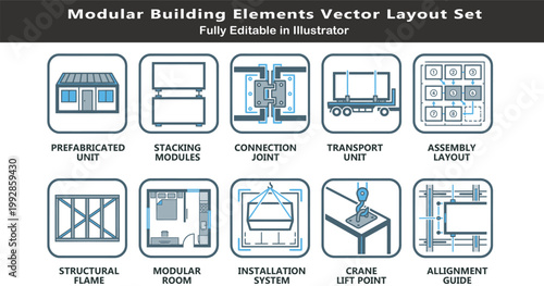 Modular construction vector icons set, top view prefabricated building layout symbols, stacking units, joints, assembly, crane lift, CAD design