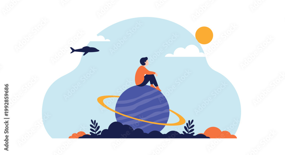 Obraz premium Conceptual illustration of a person sitting alone on a ringed planet like Saturn, gazing at stars in the galaxy.