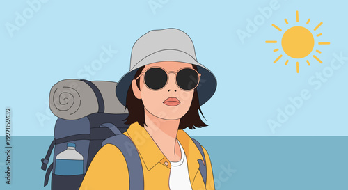 Young female backpacker with a sun hat and sunglasses looking forward against a blue sky with a bright yellow sun.