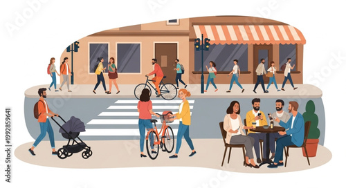 Diverse group of people enjoying a sunny day in a vibrant city street scene.