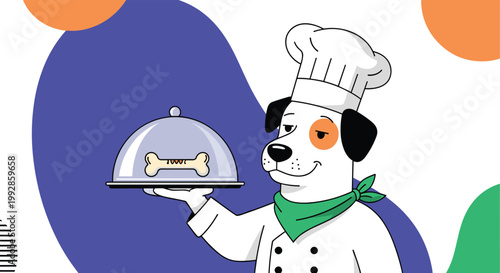 Cute cartoon dog dressed as a chef with a white hat and green scarf holding a silver platter with a bone treat.