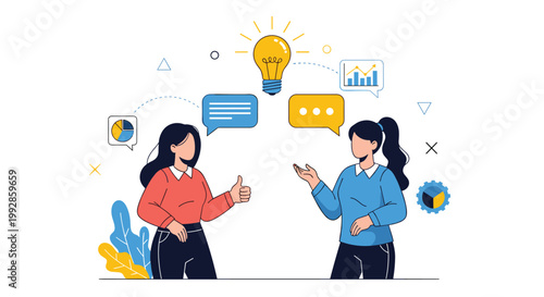 Two business women having a productive discussion with a glowing lightbulb representing a bright new creative idea.