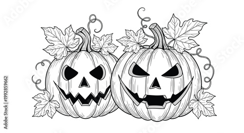 Detailed black and white engraving of two carved Halloween jack-o-lanterns with scary faces and autumn leaves.