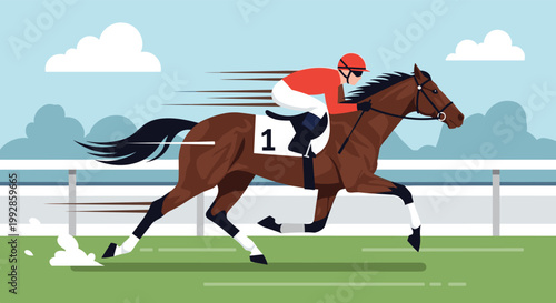 Professional horse race with a jockey in a red outfit riding a brown horse fast on a track during a competition.