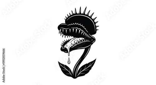 Menacing black and white illustration of a Venus flytrap with sharp teeth and a long dripping tongue on a stem.
