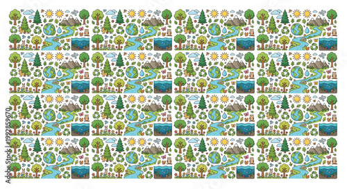 Eco-Friendly Nature Vector Doodle Set: Kawaii Earth, Recycle Icons, Forest Trees, and Mountains in Playful Flat Design for Sustainability and Education Assets