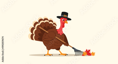 Thanksgiving turkey wearing a traditional pilgrim hat while raking a pile of colorful autumn leaves on the ground.