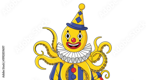 Colorful character design of an octopus dressed as a circus clown with tentacles extending from a striped costume.