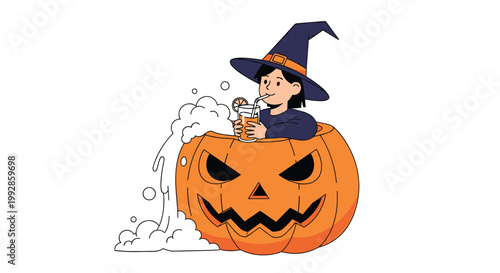 Young witch wearing a purple hat sitting inside a large carved pumpkin and drinking a bubbly beverage for Halloween.