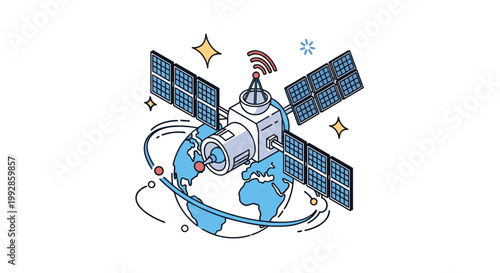 Advanced space satellite orbits the earth with solar panels and transmission signals in a detailed isometric view.
