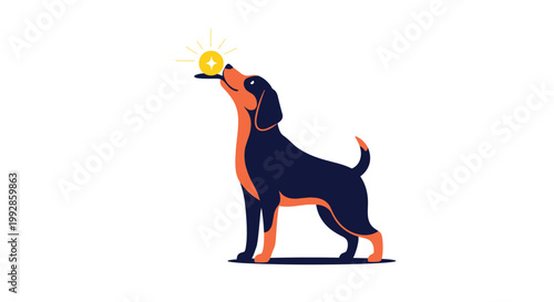 Well-trained dog balances a glowing golden coin on its nose to demonstrate patience and focus in a profile view.
