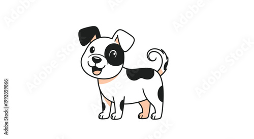 Happy spotted puppy stands and looks forward with a cheerful expression in a simple line art vector illustration.