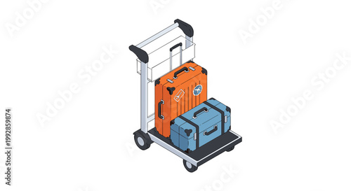 Airport luggage trolley is loaded with an orange and a blue suitcase ready for a holiday trip or business travel.