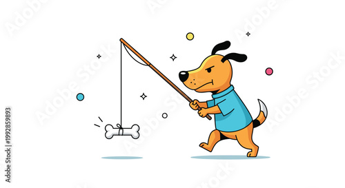 Determined dog walks while holding a fishing rod with a large white bone attached as bait for a clever outdoor game.