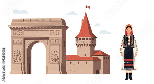 Cultural illustration featuring a girl in Romanian traditional folk costume standing next to the Arch of Triumph and a castle.