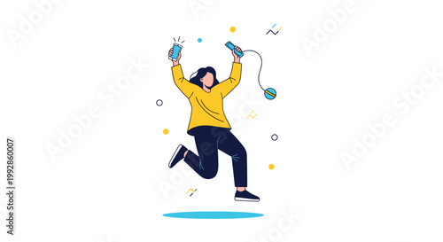 Energetic young girl jumping for joy while holding two mobile phones and a skipping rope in a fun graphic illustration.