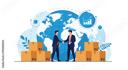 Global trade concept showing two businessmen shaking hands in front of a world map and stacks of cardboard boxes.
