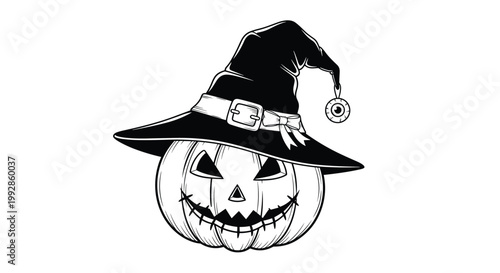 Black and white line art of a spooky carved jack-o-lantern pumpkin wearing a pointed witch hat for halloween.