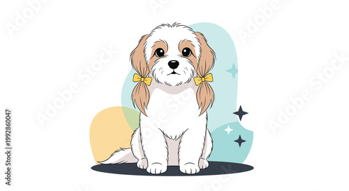 Charming small white dog with long beige ears tied into pigtails with yellow bows against a soft blue background.