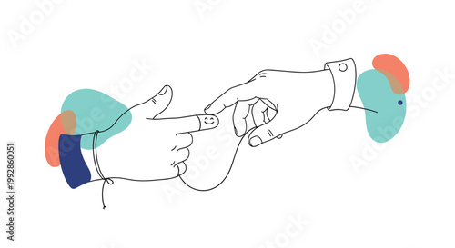 Conceptual illustration of two hands with a red thread of fate connecting pinky fingers in a symbol of soulmate connection.