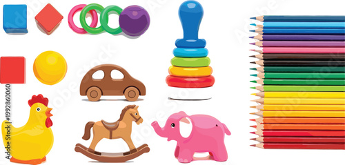 Colorful kids toys and school supplies collection including stacking rings, colored pencils, animals, car and shapes in playful cartoon vector illustration