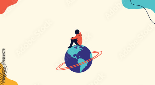 Lonely person sitting alone on top of the planet earth with rings around it in an abstract space illustration.