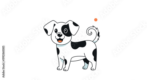 Adorable dalmatian puppy with black spots and a wagging tail smiling in a simple and cute cartoon illustration.