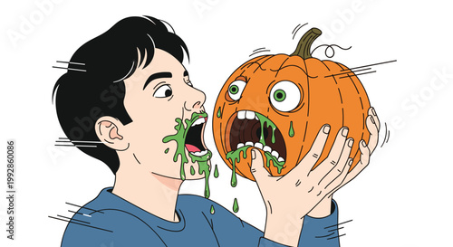 Gross out humor illustration of a man and a carved jack-o-lantern both vomiting bright green slime in a spooky scene.