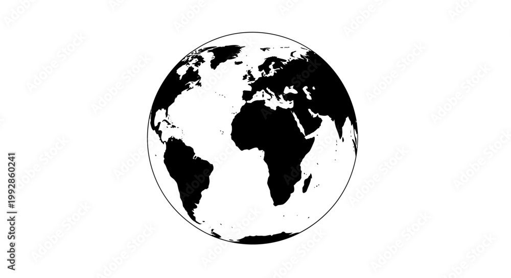 Fototapeta premium Stylized black and white world map globe on isolated white background