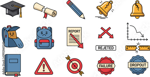 Education Failure School Problem Icon Set Report Rejected Dropout