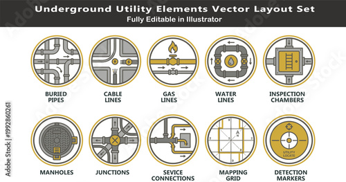 Underground utility vector icons set, top view infrastructure mapping symbols, buried pipes, cables, gas lines, manholes, junctions, CAD diagram