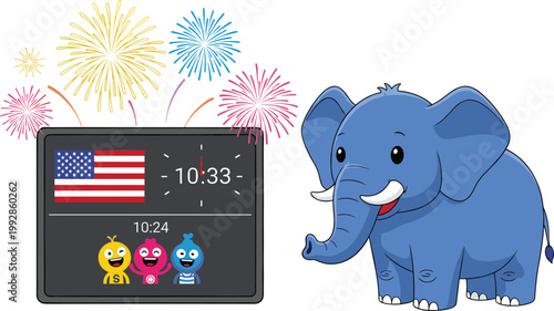 Smart Display Screen with USA Flag Time Interface and Fireworks Celebration with Cute Cartoon Elephant Vector Illustration Set