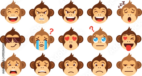 Monkey Emoji Face Expression Icon Set Cartoon Ape Emotions Collection