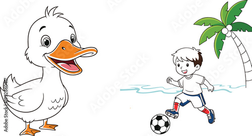 Cute Cartoon Duck Outline Character and Boy Playing Soccer on Beach with Palm Tree Vector Illustration Set
