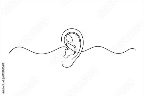 Black continuous line drawing vector of human ear, human hearing organ minimal outline design