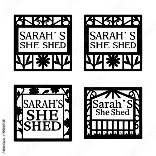 Sarah’s She Shed Metal Wall Art Designs- Set of metal wall art panels featuring “Sarah’s She Shed” text with floral and decorative patterns, perfect for personalized garden retreats and cozy spaces.
