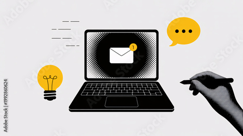 A hand holding a pen interacting with a laptop displaying an email notification alongside a lightbulb and chat bubble.