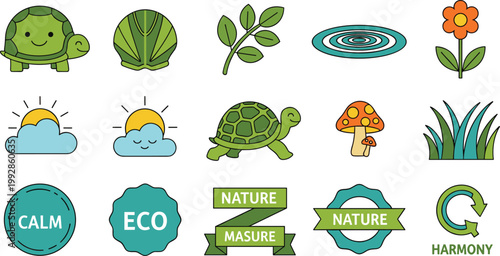 Nature Eco Harmony Icon Set Turtle Leaf Calm Green Collection