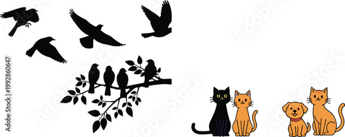 Flying bird silhouettes and perched flock on branch with cute cat and dog characters in playful cartoon vector illustration set